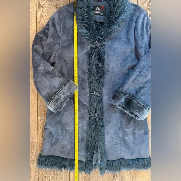 North Legend Faux Shearling Coat Boho Toggle Fur Trim Embroidered - Picture 12 of 14